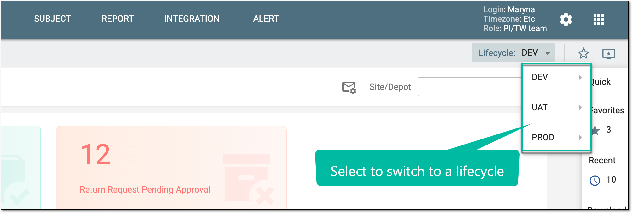 Selecting lifecycle from IWRS toolbar