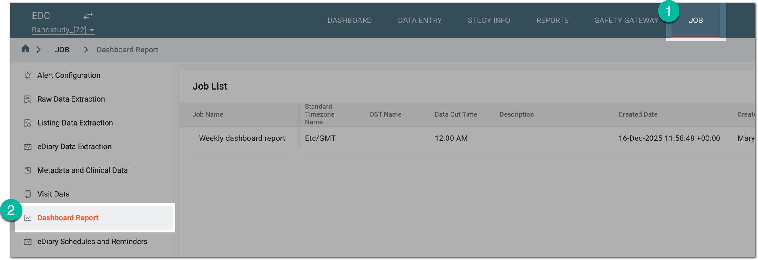 Accessing dashboard report data extraction jobs