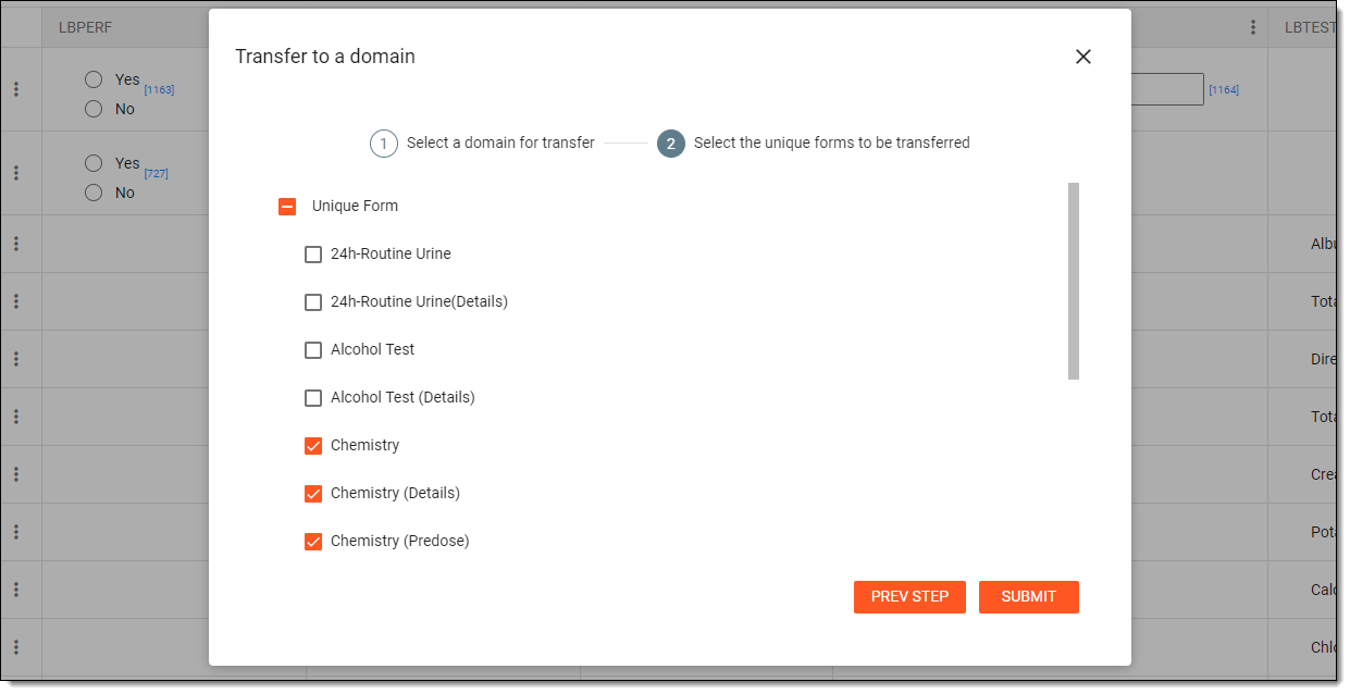 Selecting forms for transfer