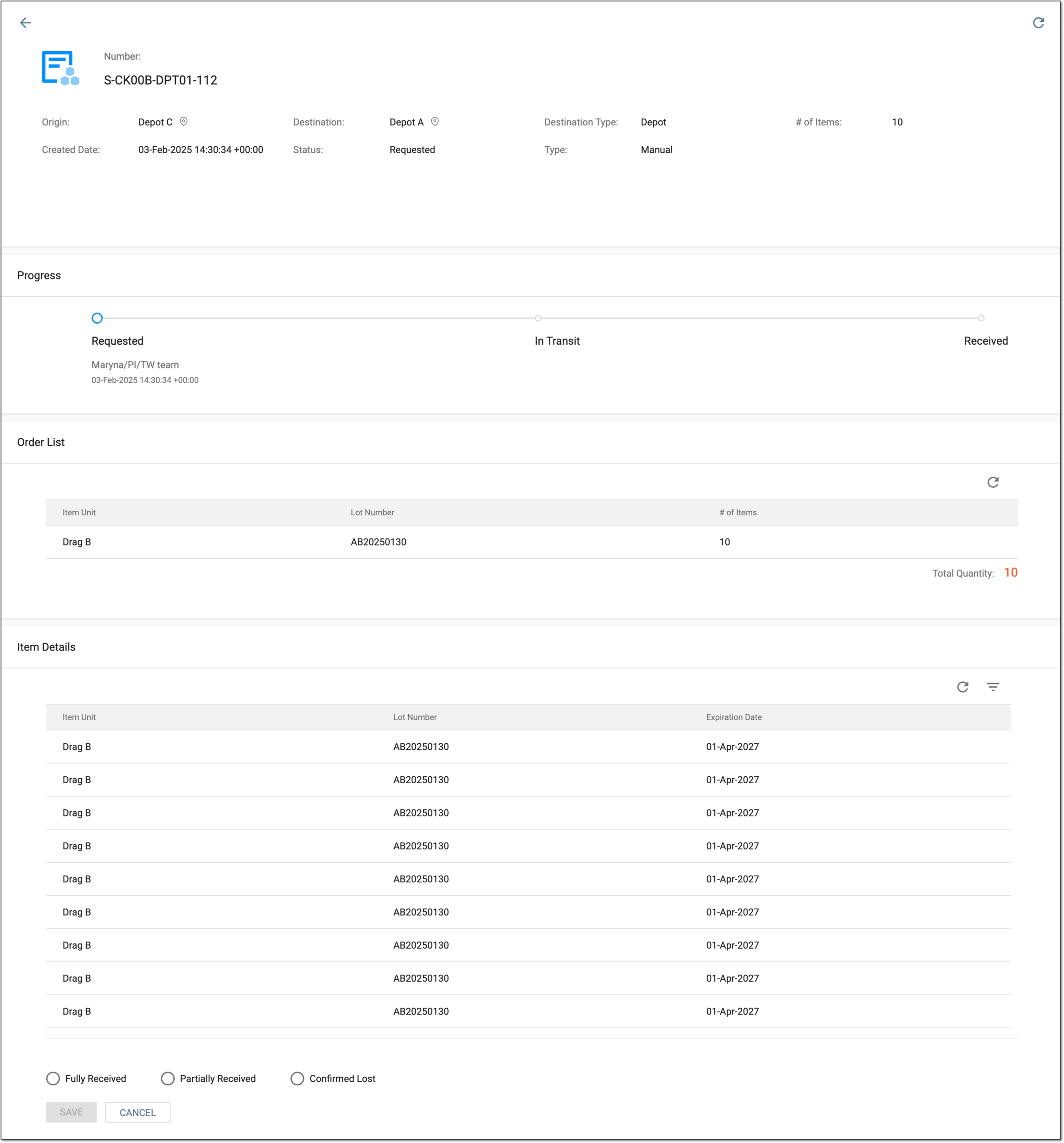 Reviewing shipment details before partial receipt