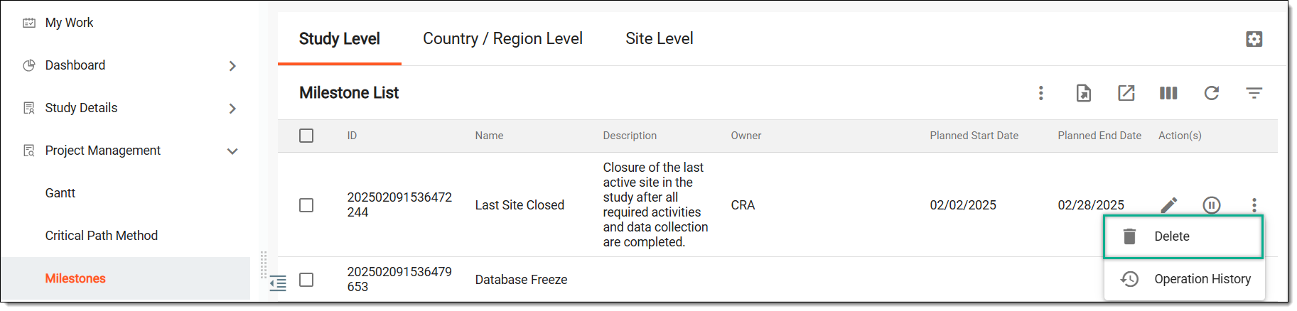 Deleting milestone from study