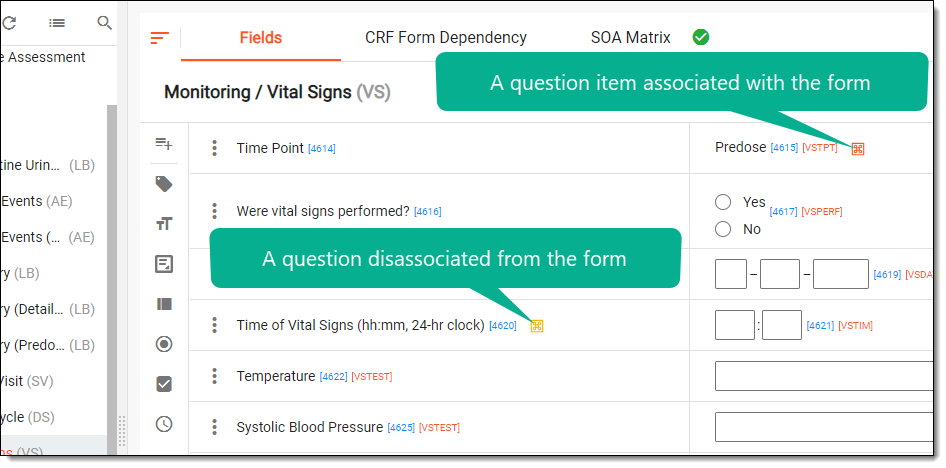 SOA association status of questions and items