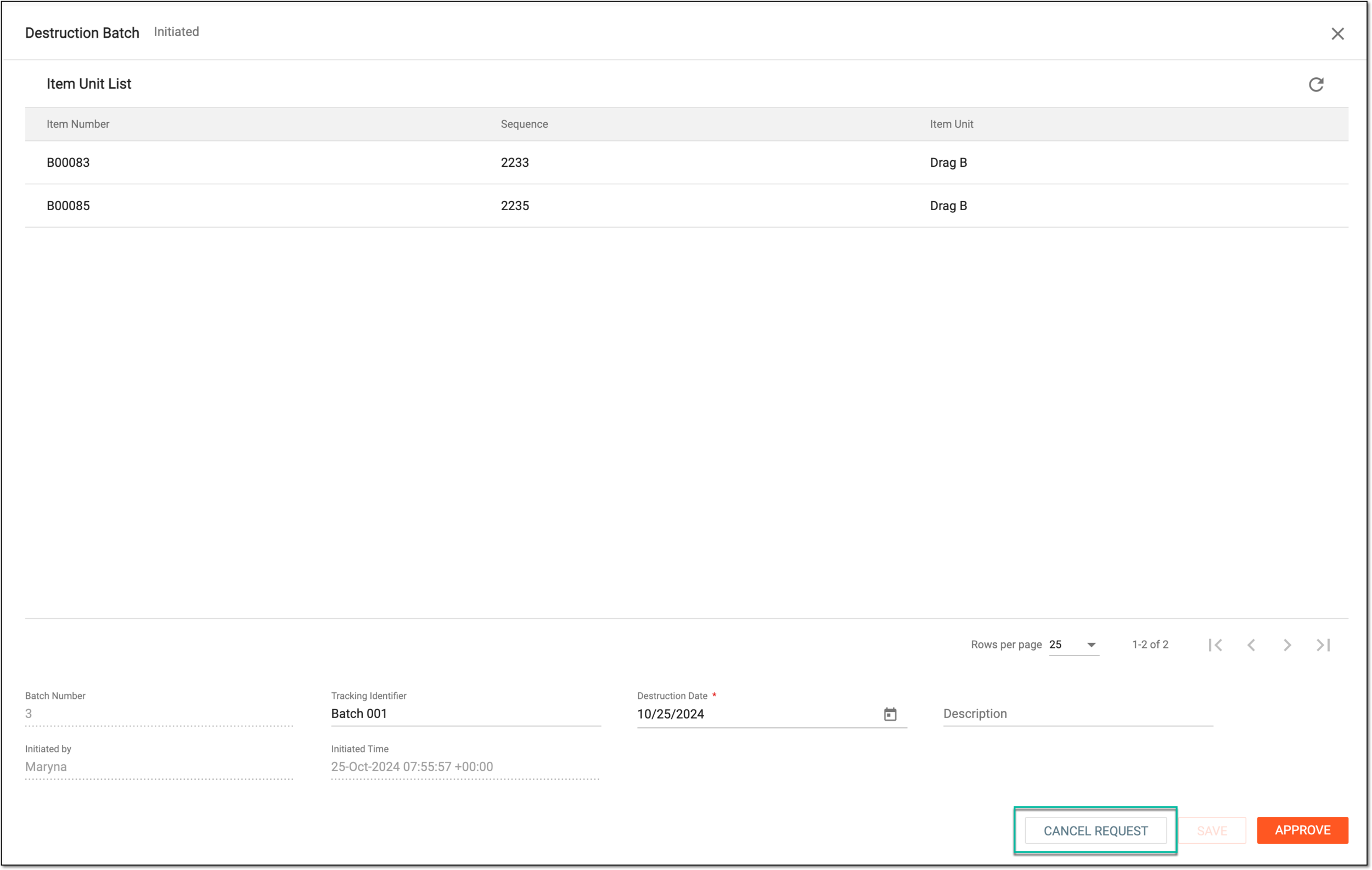 Canceling item batch destruction request