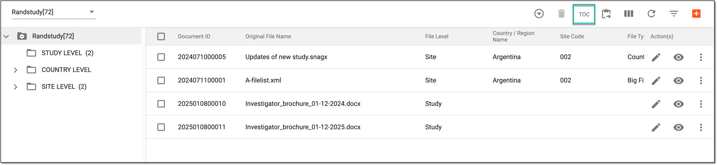 Selecting to view TOC list