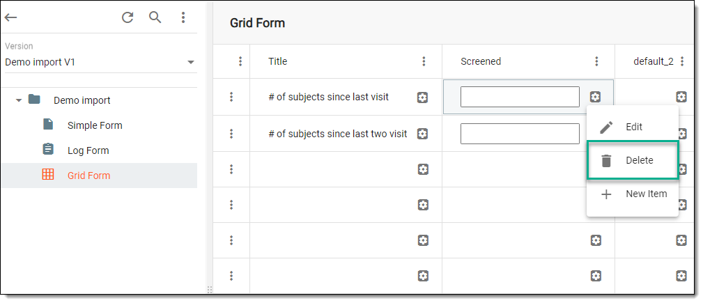 Selecting option to delete cell item