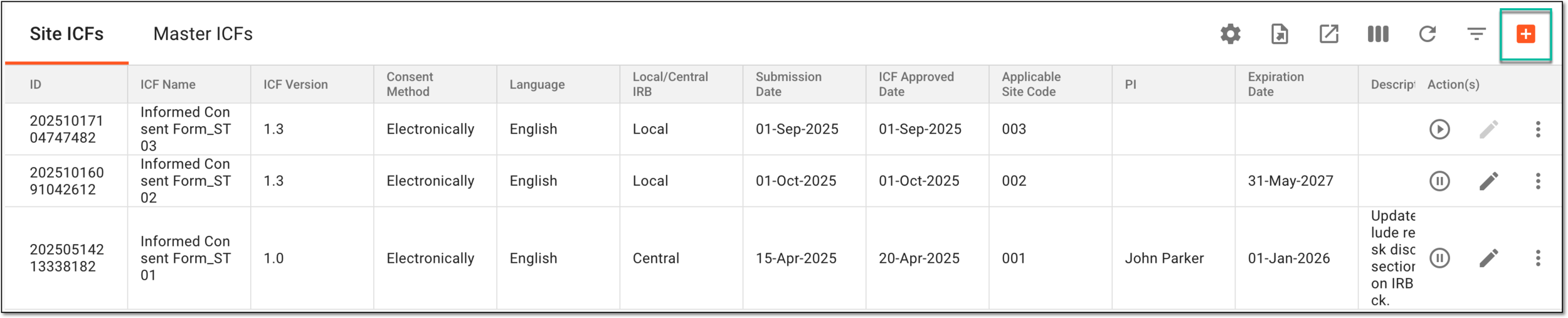 Selecting option to add new site ICF listing record