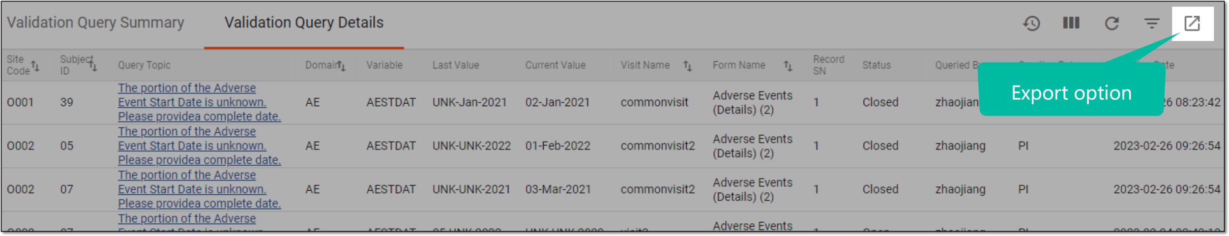 Selecting Export option