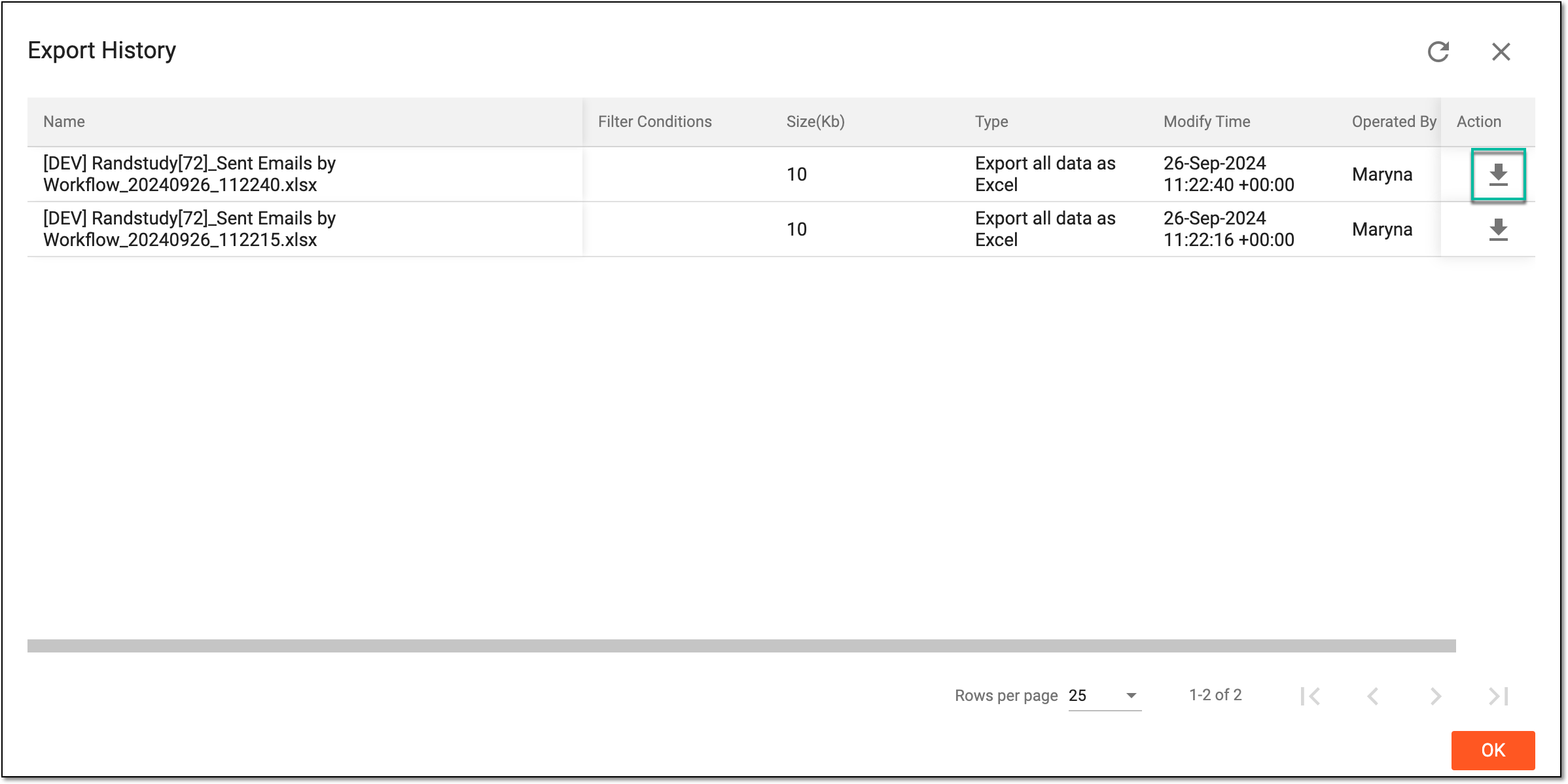 Downloading exported workflow-sent email report
