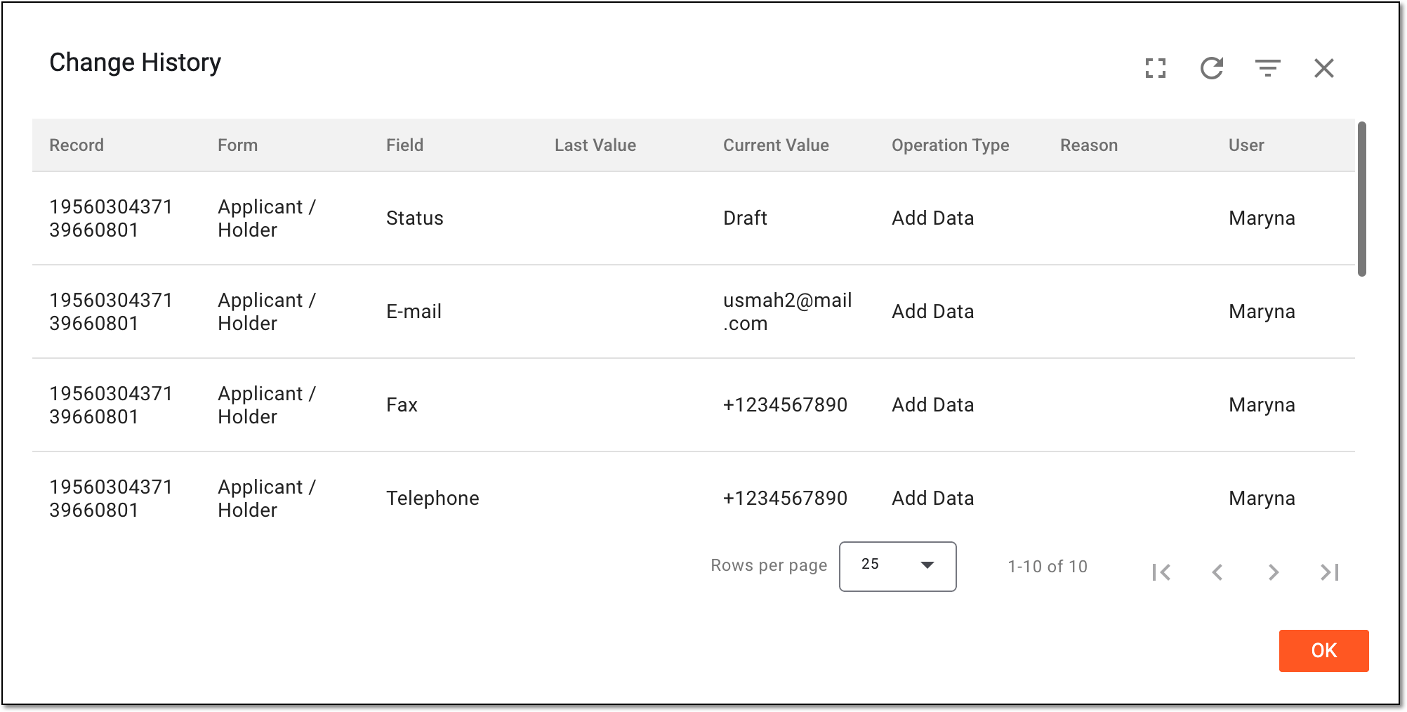 Analyzing change history for marketing authorization holder or applicant