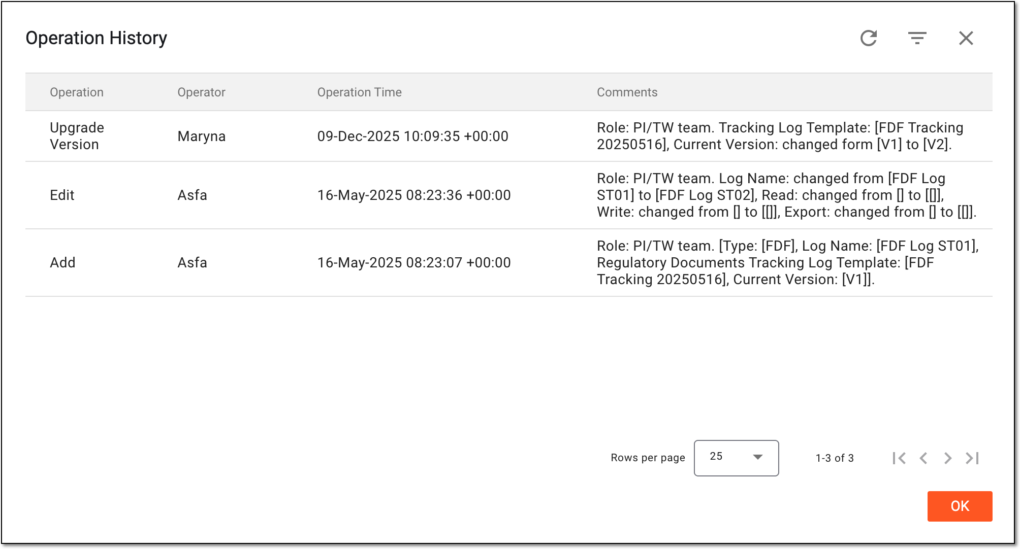 Analyzing operation history for tracking log
