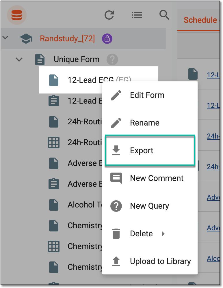 Selecting option to export form file