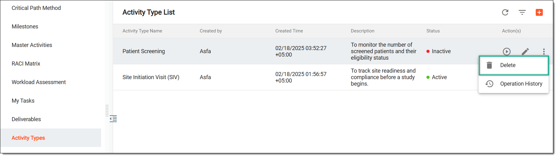 Deleting activity type