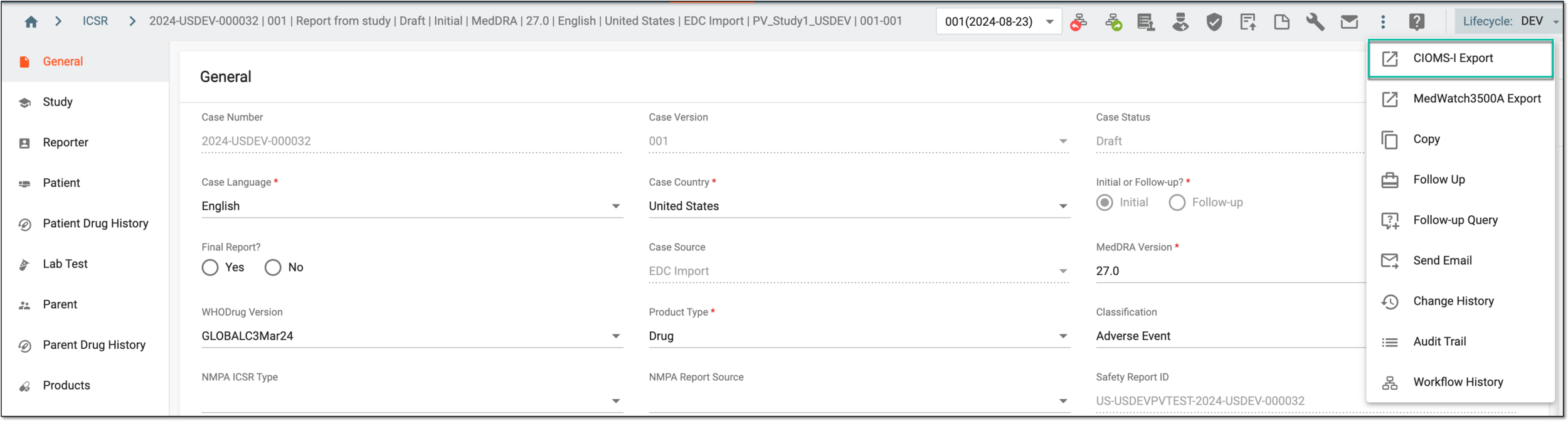 Exporting CIOMS-I from ICSR details