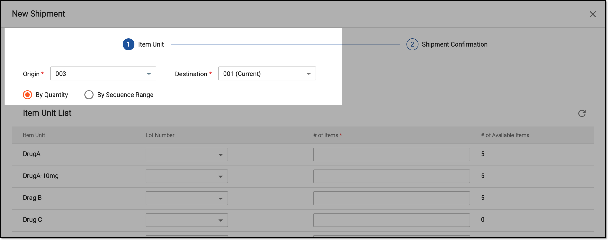 Completing item unit stage of site-to-site shipment request