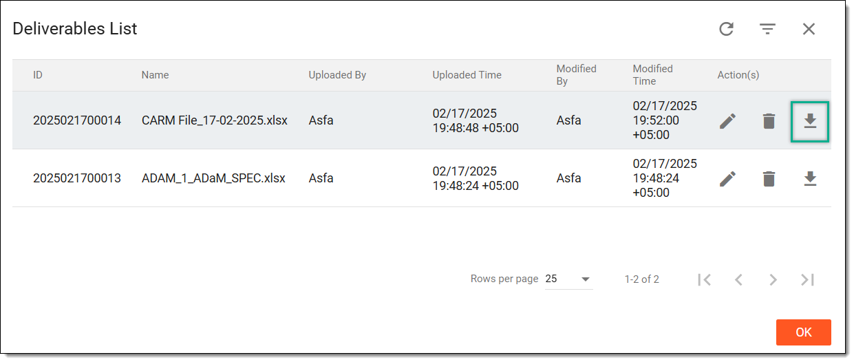 Selecting download deliverable option