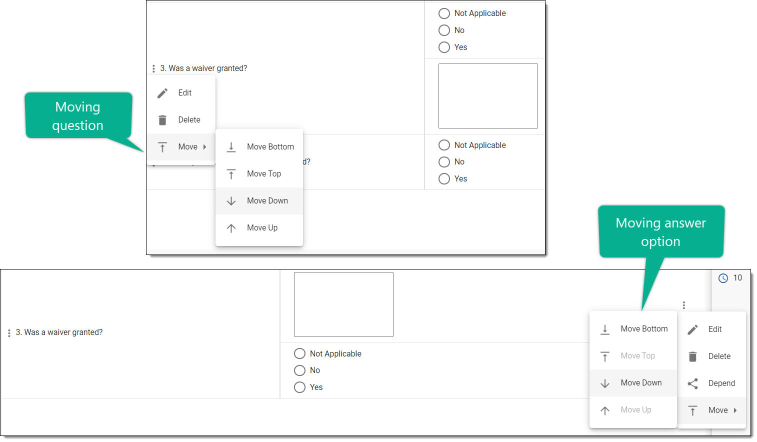 Selecting option to move item in simple or log form