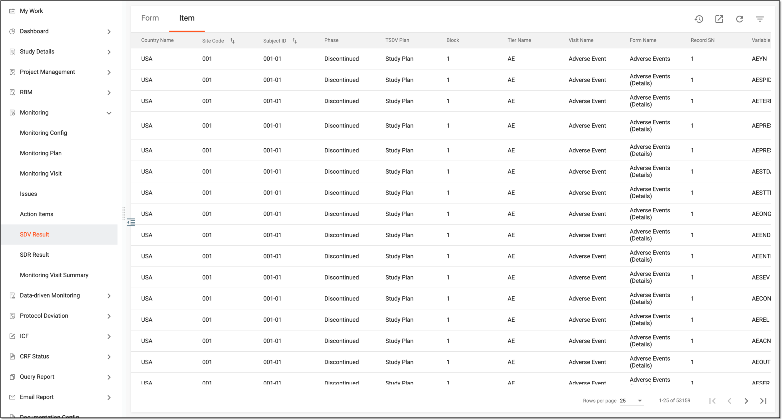 Viewing SDV result records for form items