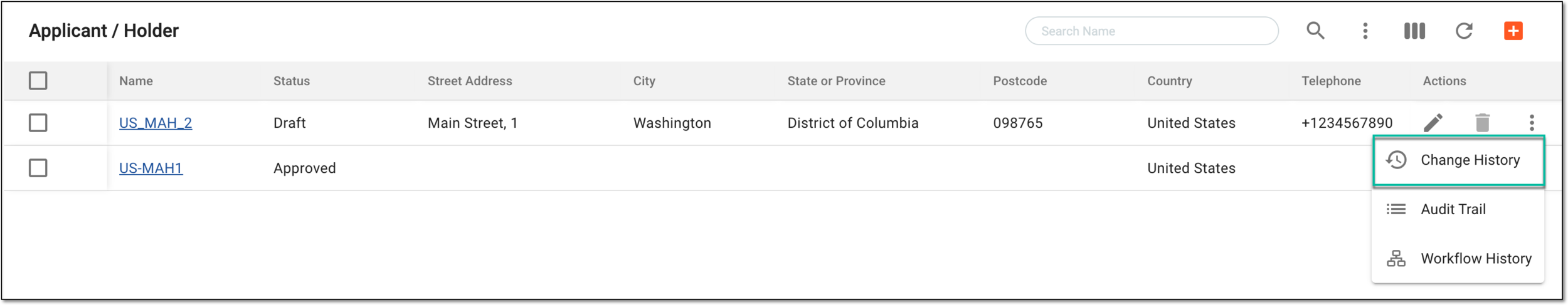 Accessing change history for marketing authorization holder or applicant