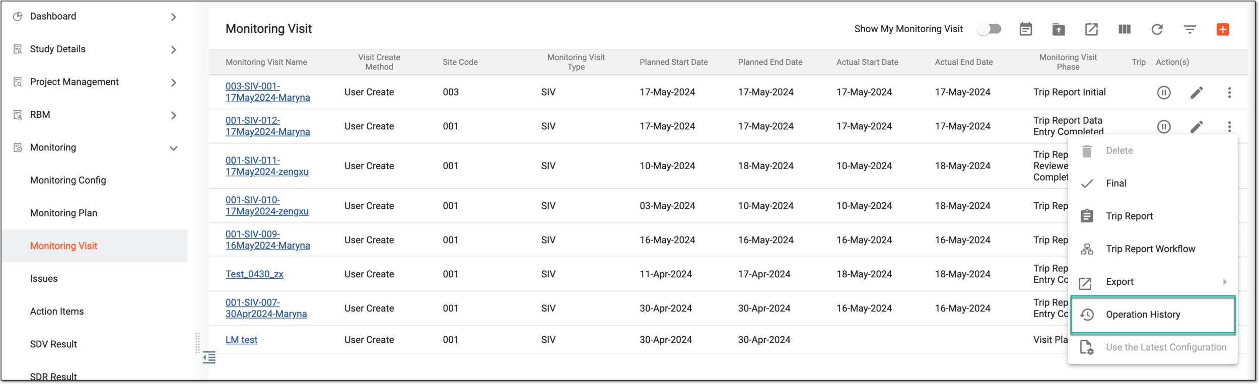 Accessing operation history