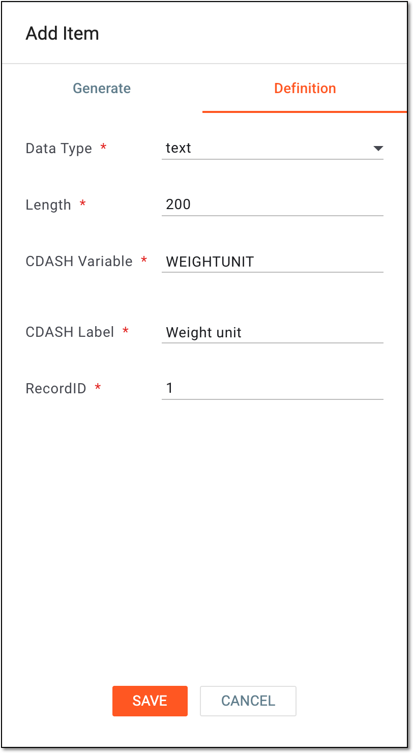 Specifying variable definition for unit item