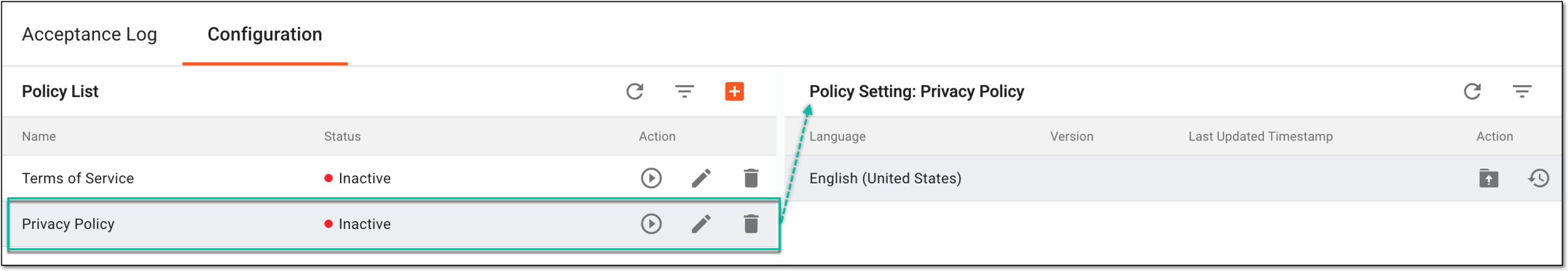 Selecting policy to access settings