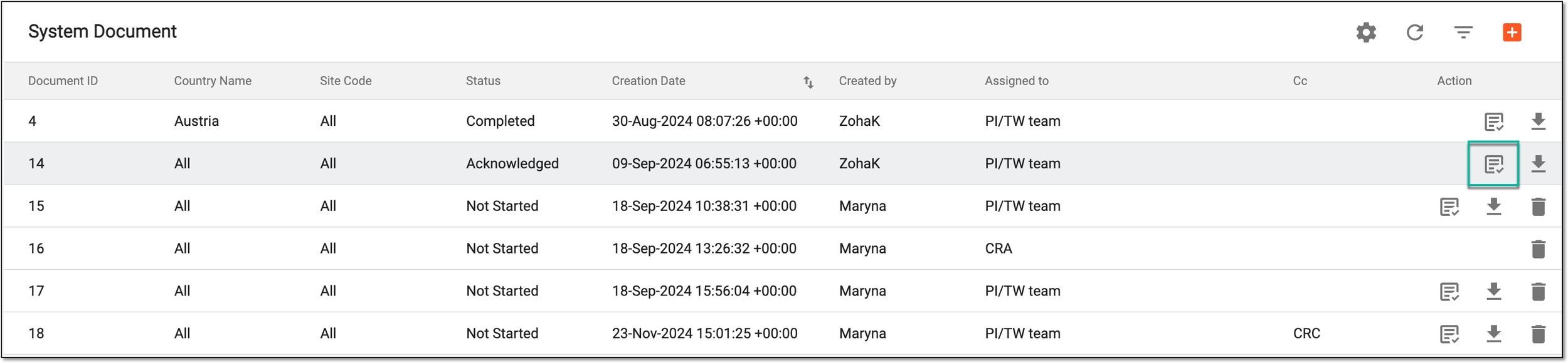 Accessing acknowledged system document signature details