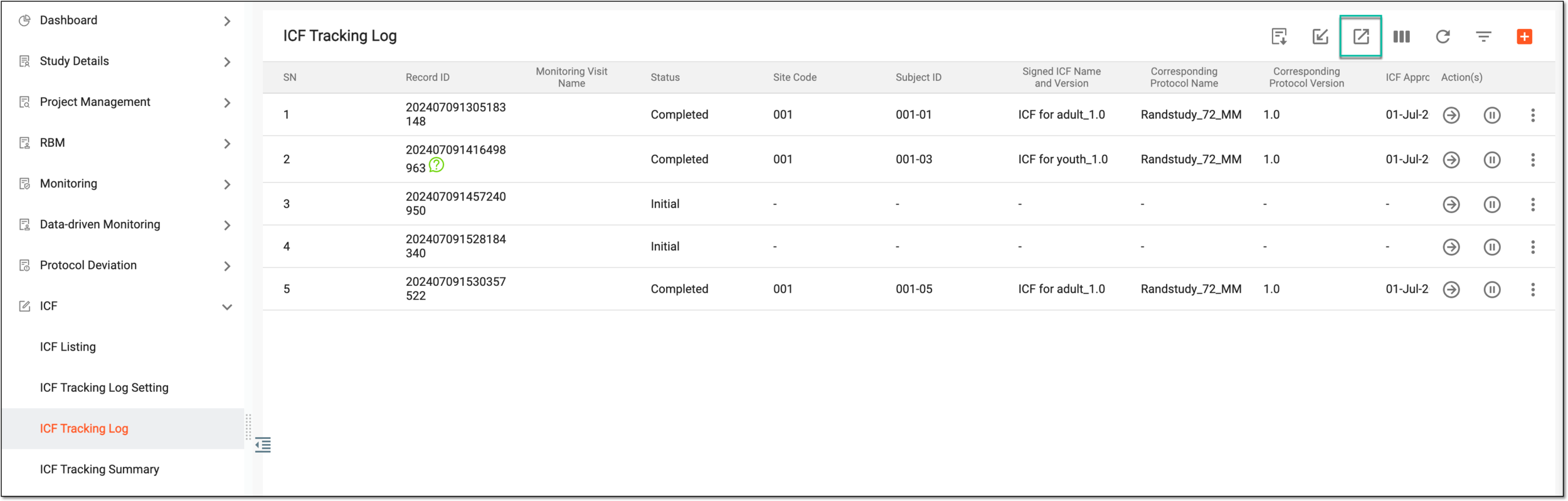 Exporting ICF tracking log