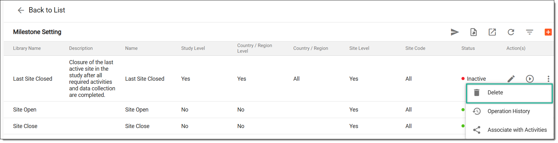Accessing option to delete milestone