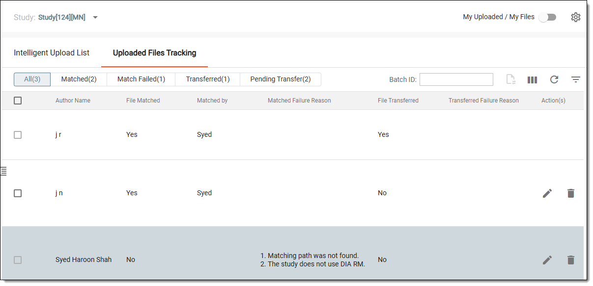 Viewing uploaded files tracking table elements