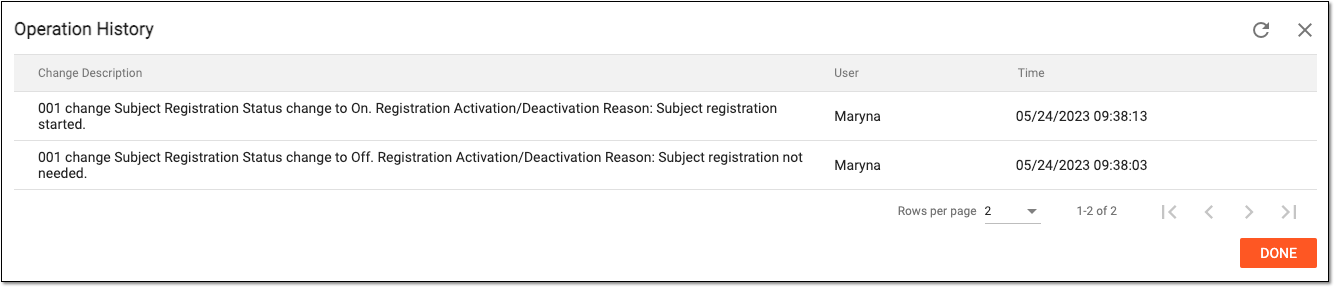 Subject registration activation/deactivation operation history