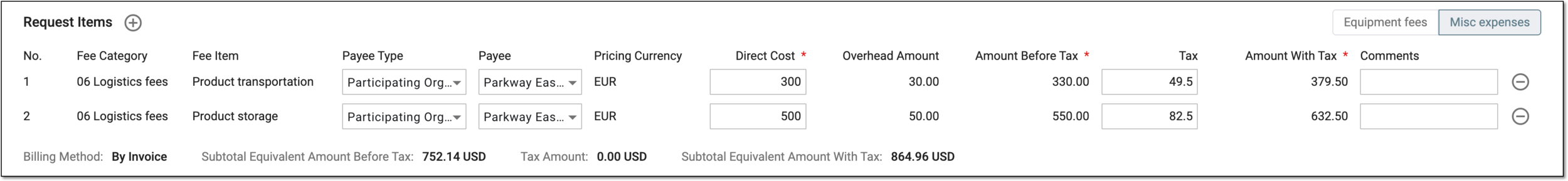 Completing fee details for payment by invoice
