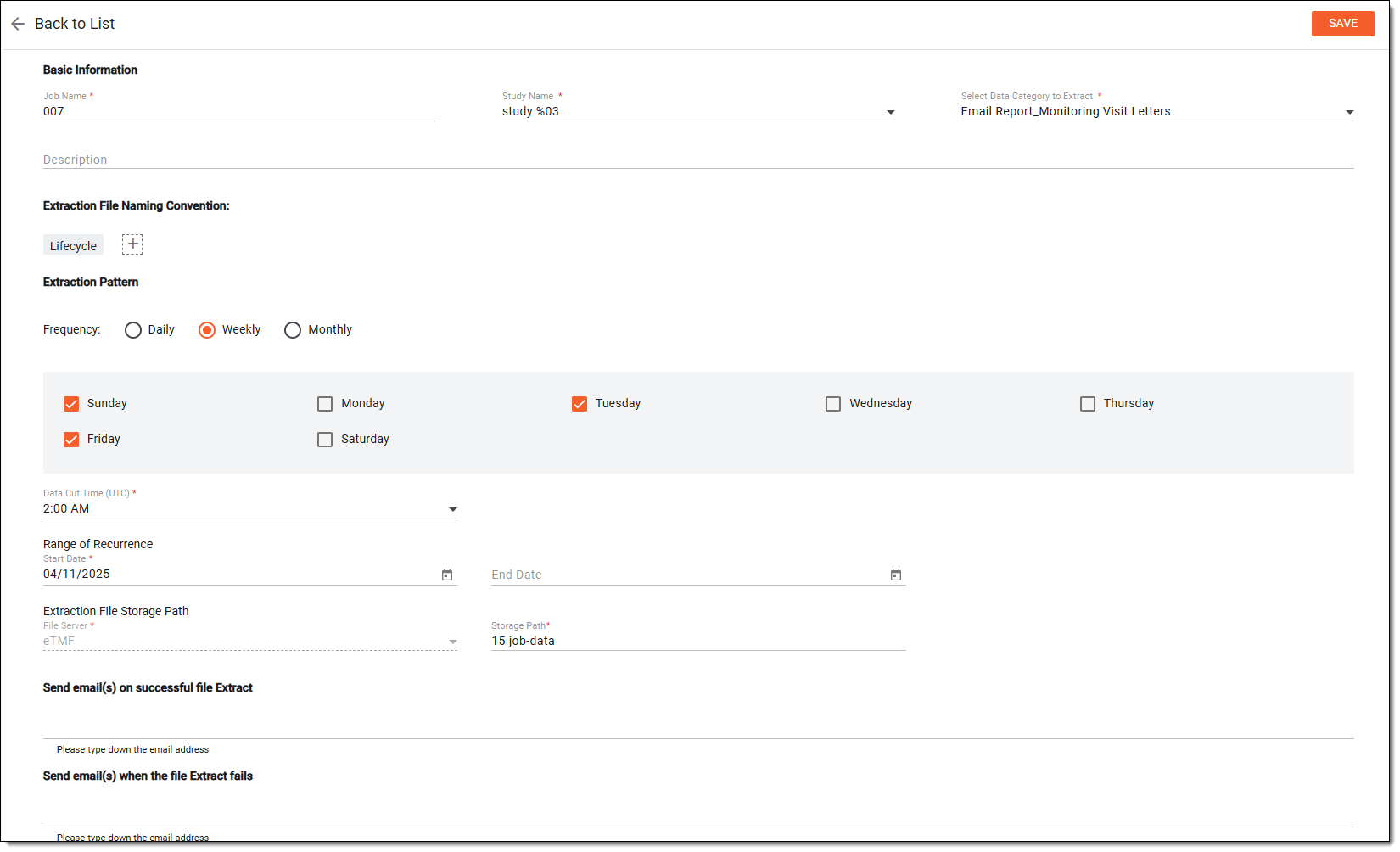 Setting up data extraction job