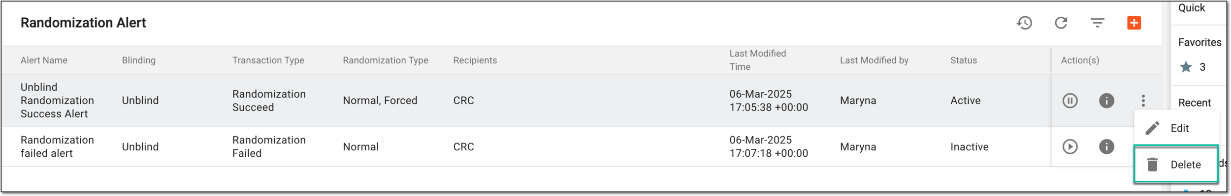 Selecting option to delete randomization alert