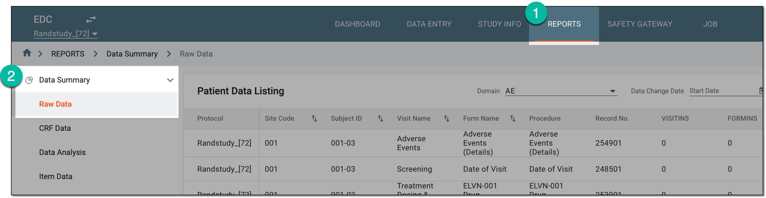 Accessing raw data report