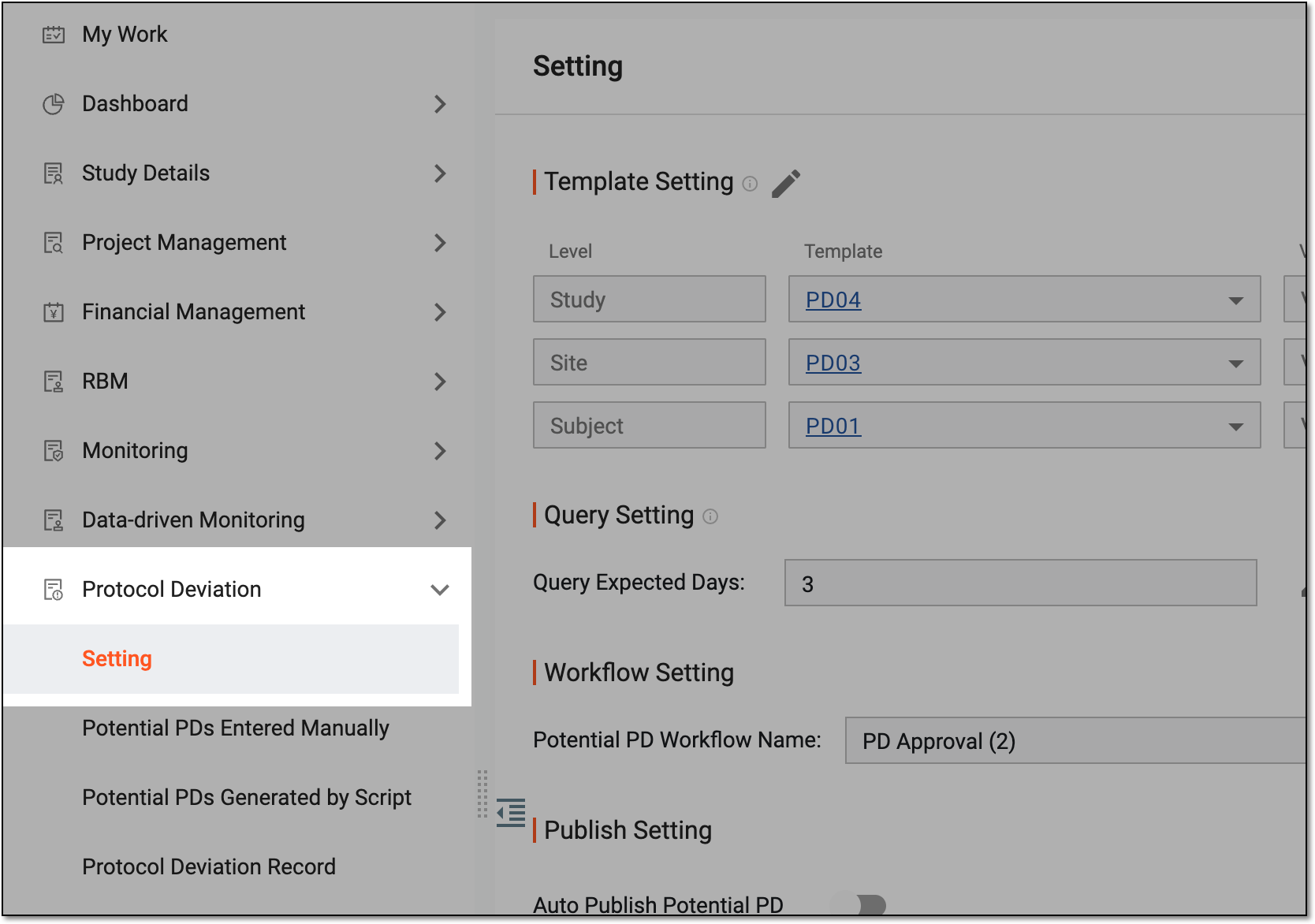 Accessing protocol deviation setting