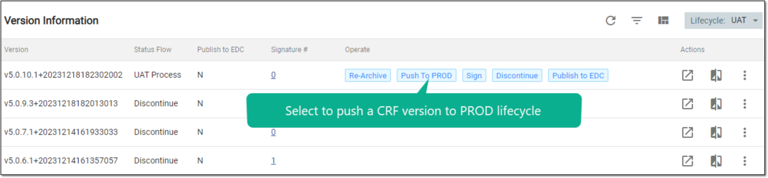 Selecting to push CRF version to PROD