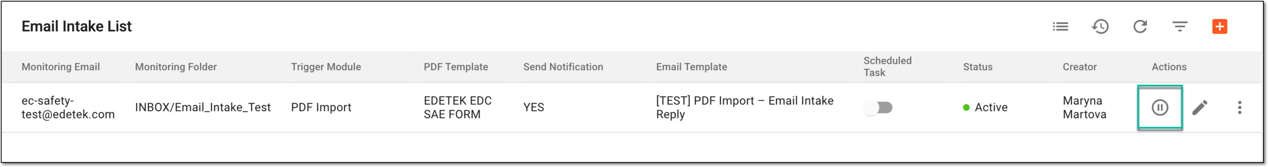 Selecting option to inactivate email intake configuration