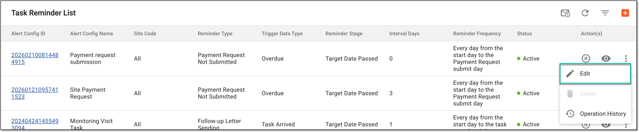 Selecting option to edit task reminder