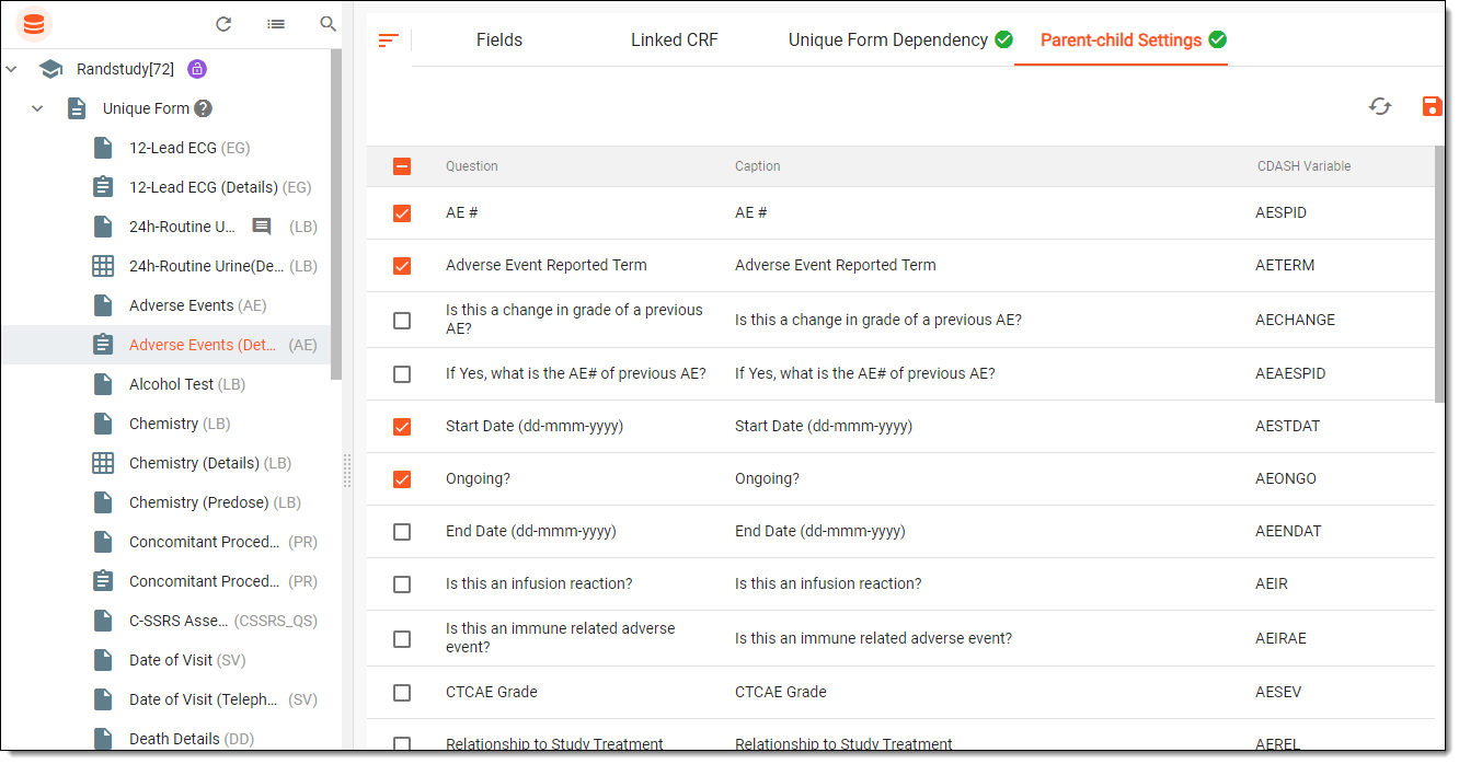 Editing parent-child settings