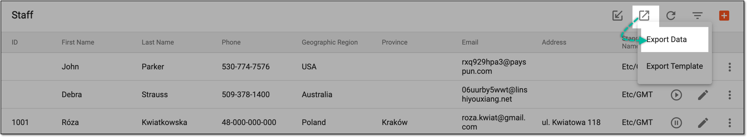 Exporting staff data