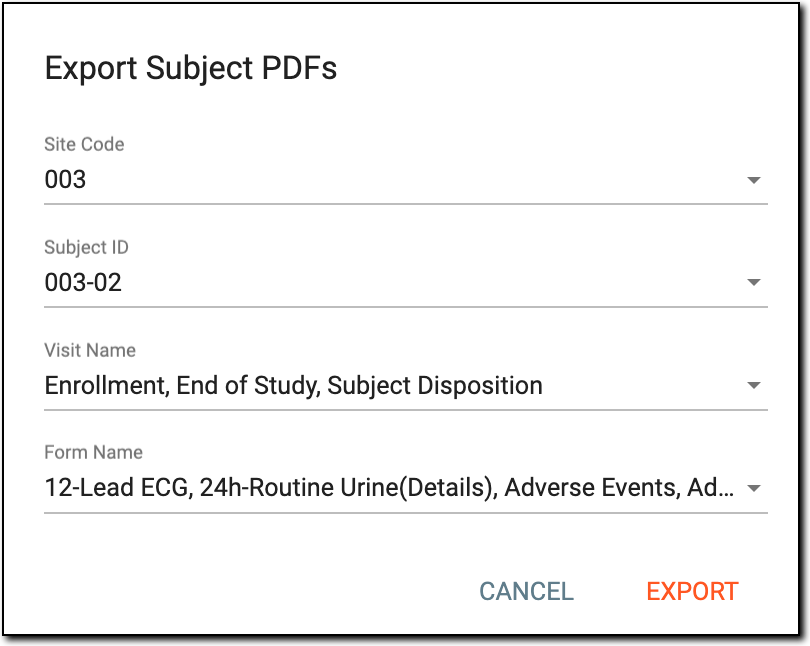 Selecting options to export subject data