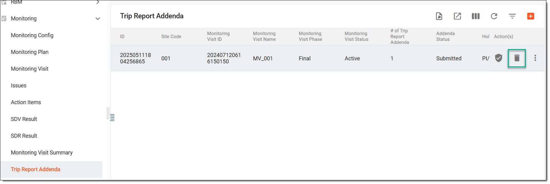 Selecting to delete trip report addendum