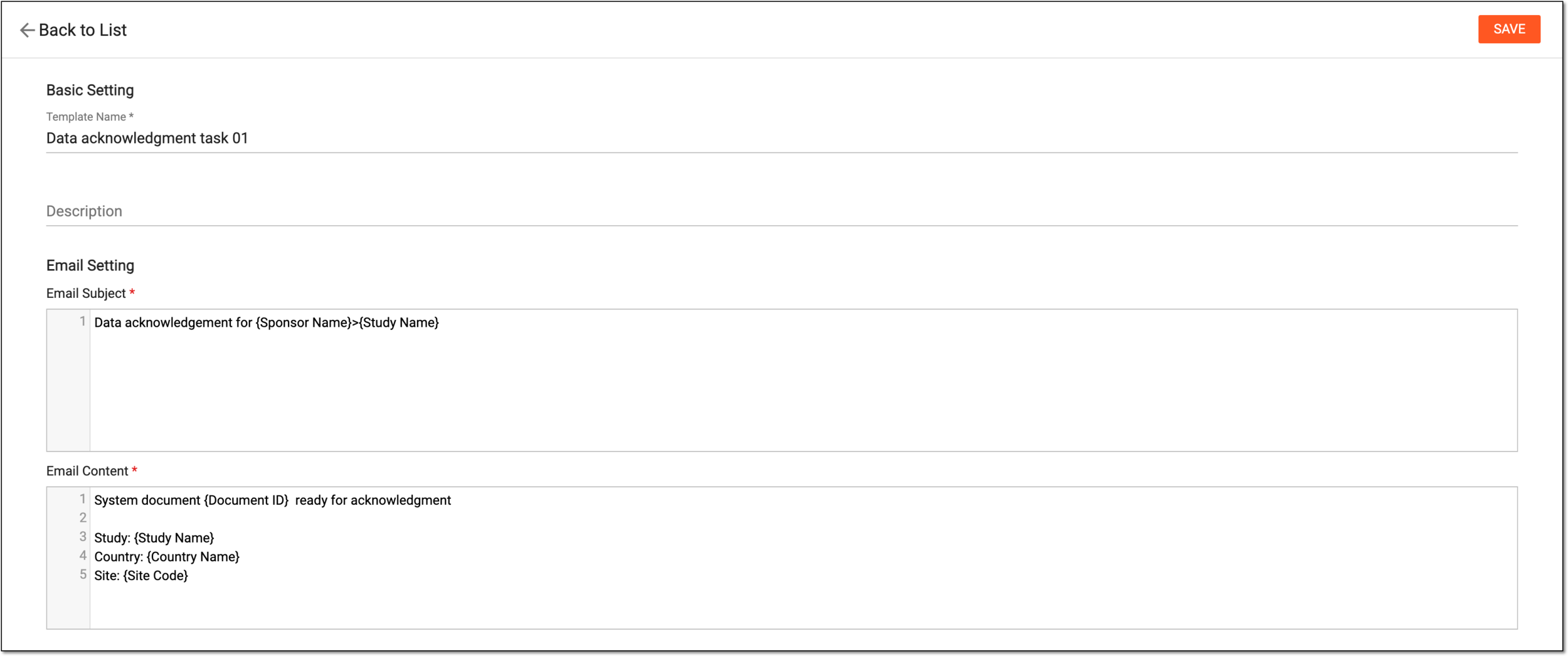 Editing data acknowledgment email template