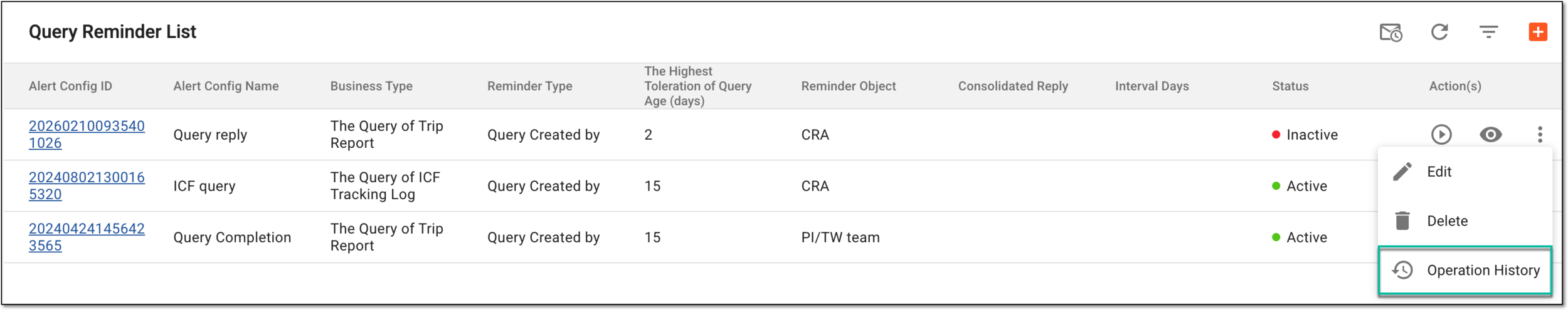 Accessing operation history for query reminder