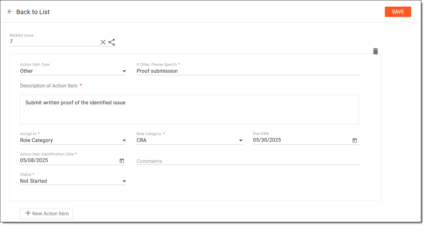 Adding action item to monitoring visit
