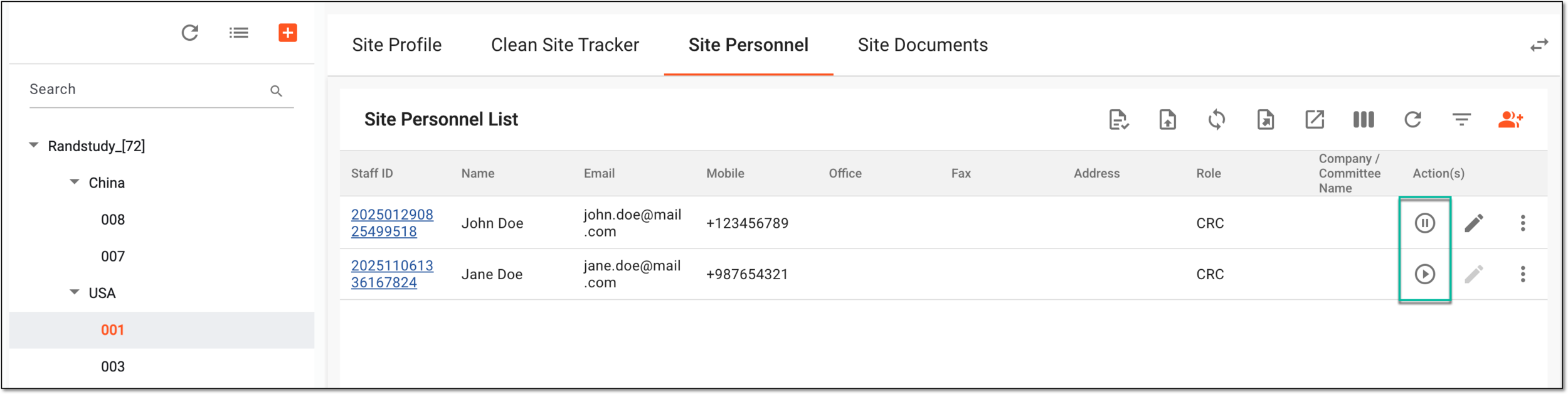 Activating or inactivating site personnel