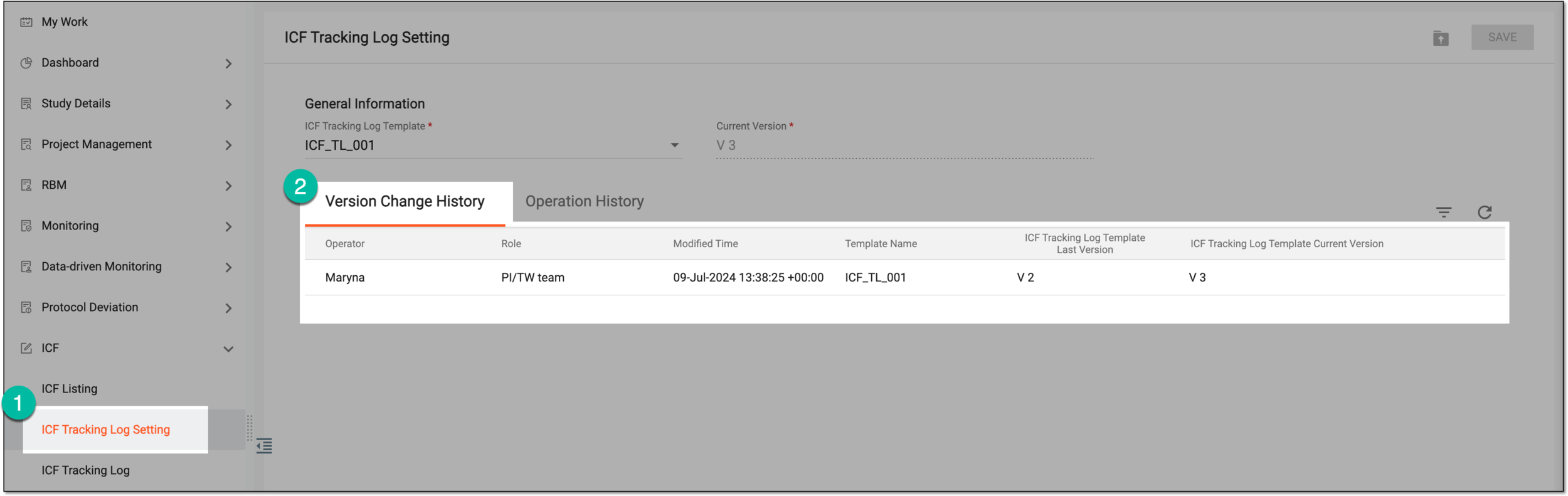 Reviewing ICF tracking log template version upgrade history