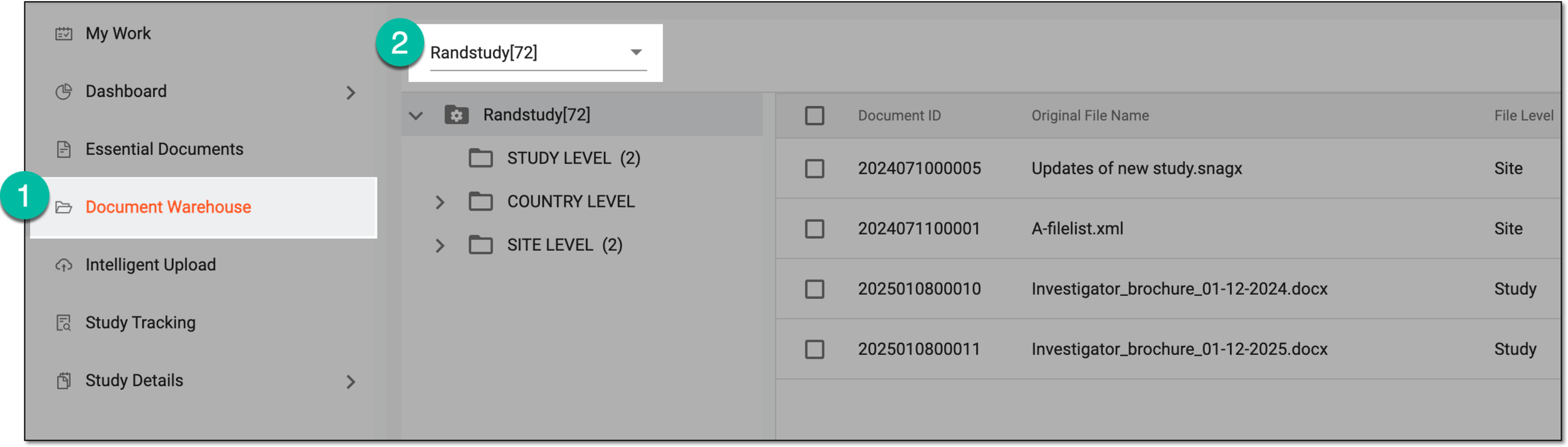 Accessing document warehouse and study