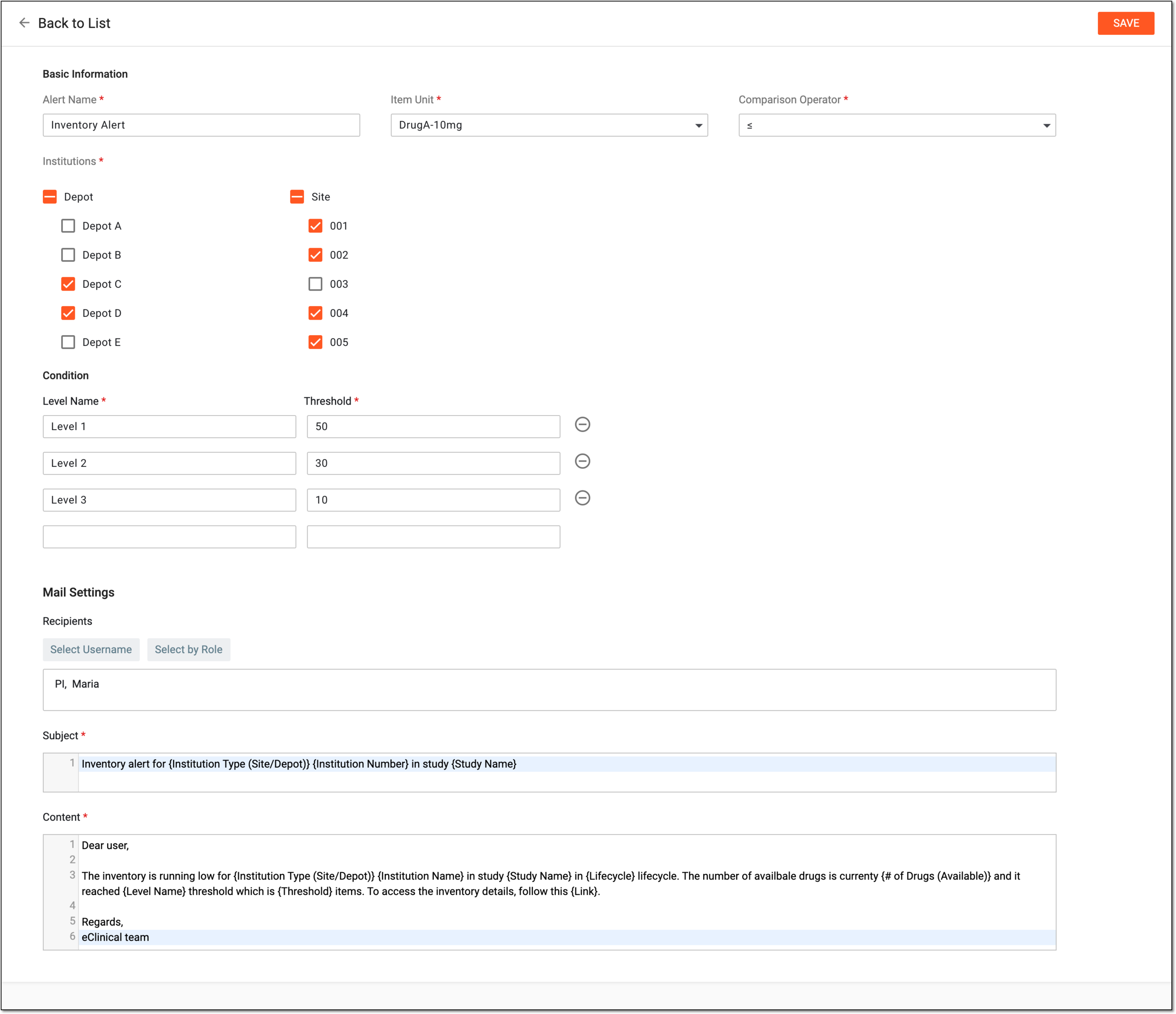 Configuring inventory alert