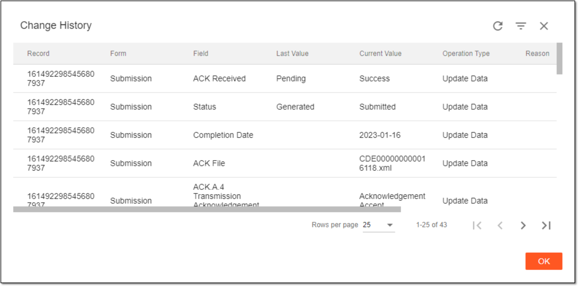 Viewing change history of submission record